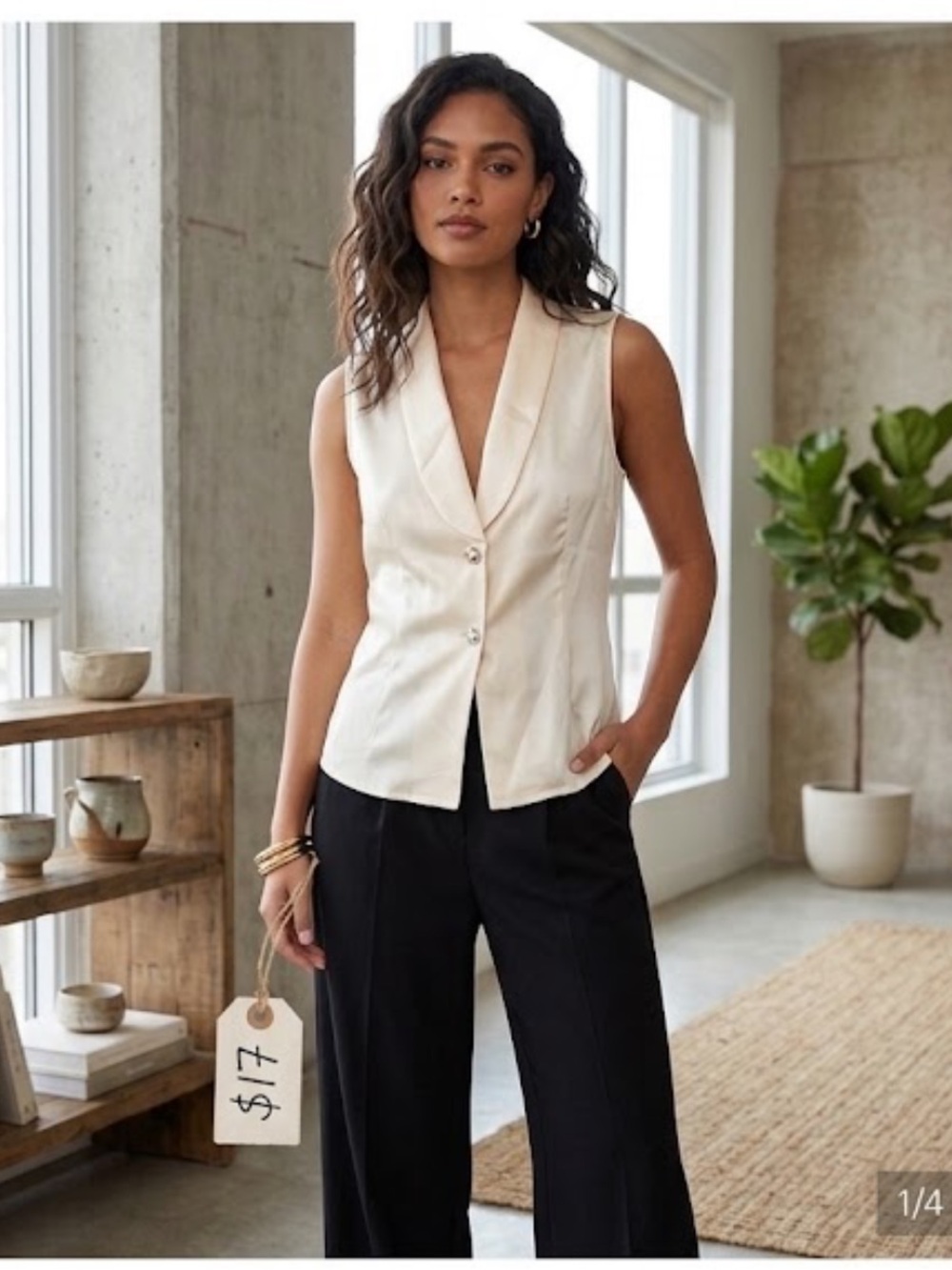 Ivory Satin Sleeveless Vest Blouse with Buttons Sz M